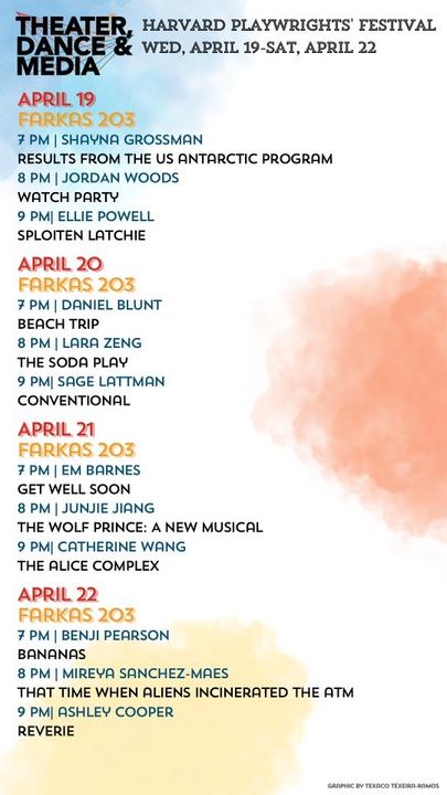 a watercolor splotched background, with info about the Harvard Playwrights schedule over it