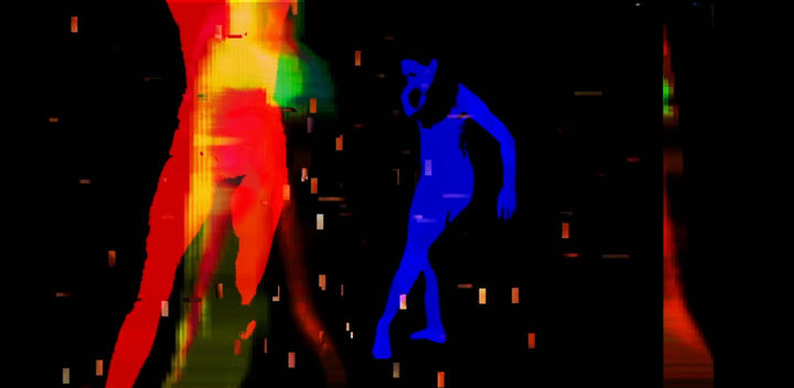Monochromatic image of a woman dancing with tiny colorful squares dissolving with a obscured/distorted dancers' body in monochromatic orange.
