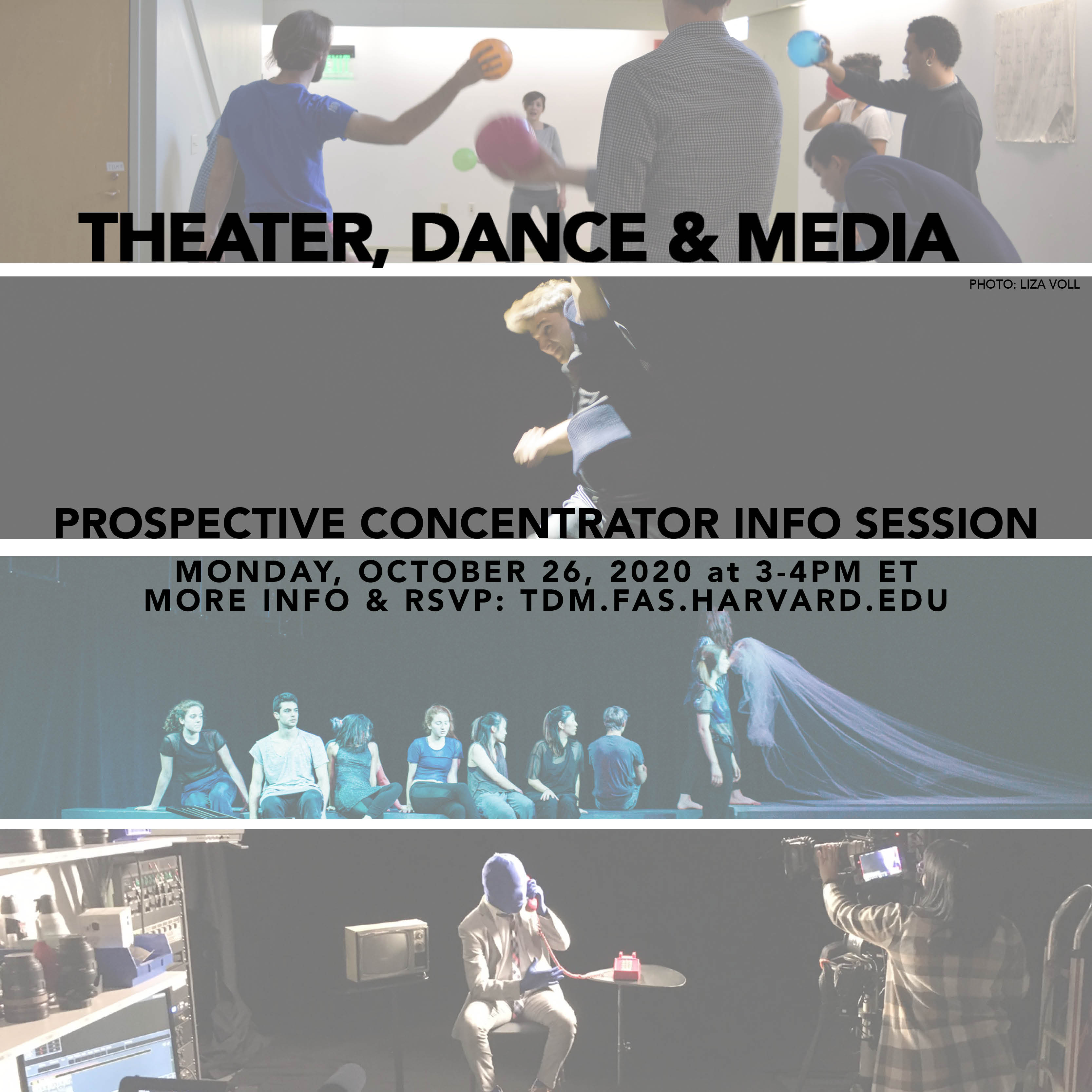 four horizontal photos: students are holding colored balls; a dancer leaping in mid-air; seven dancers sitting while another stands holdings tulle; a student wearing a blue bodysuit and a beige suit sits, surrounded by film equipment